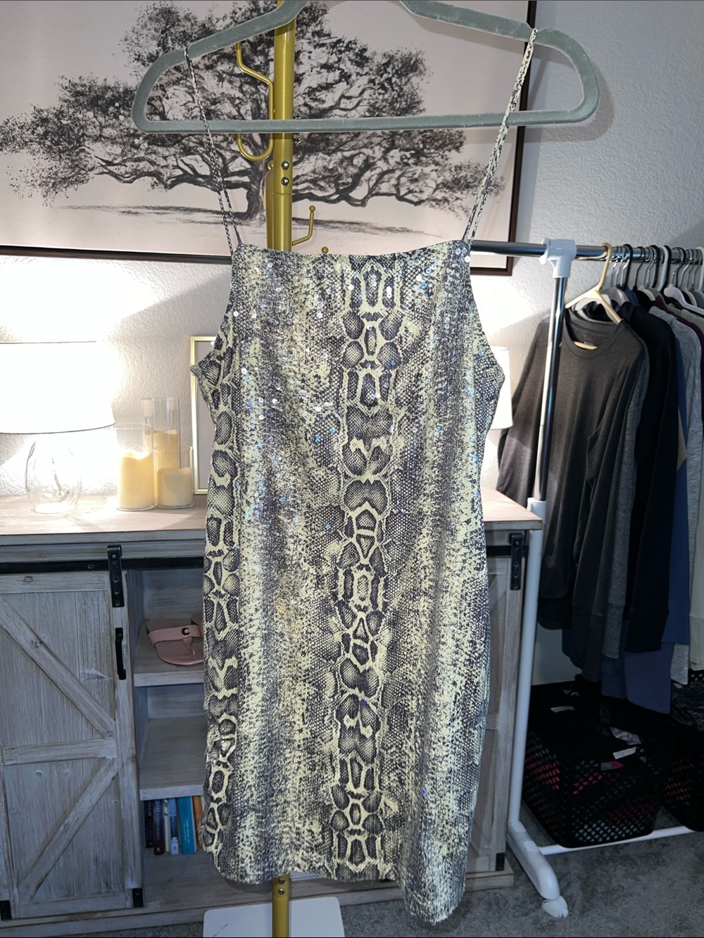 Motel Rocks Snake-Print Sequined Spaghetti Strap Dress Women’s Size L